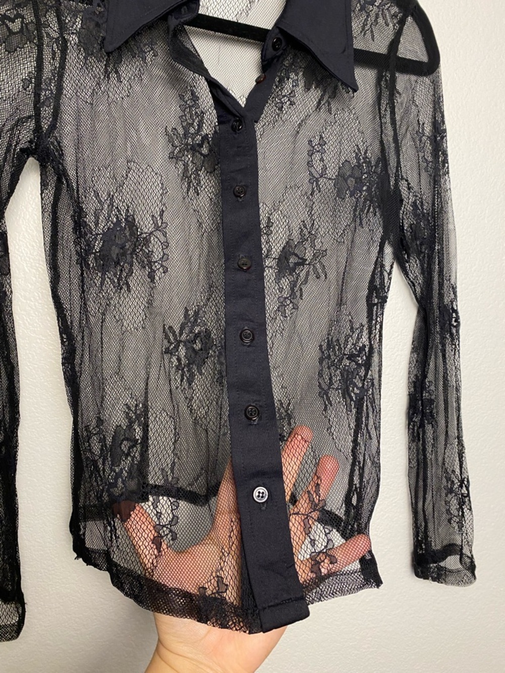 EUC bebe Black Sheer Lace Button‑Up Top Size M | Y2K Mesh Floral Blouse - Picture 4 of 8